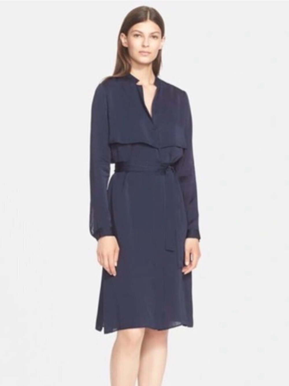 AYR Navy Silk Long-Sleeve Trench-Style Dress